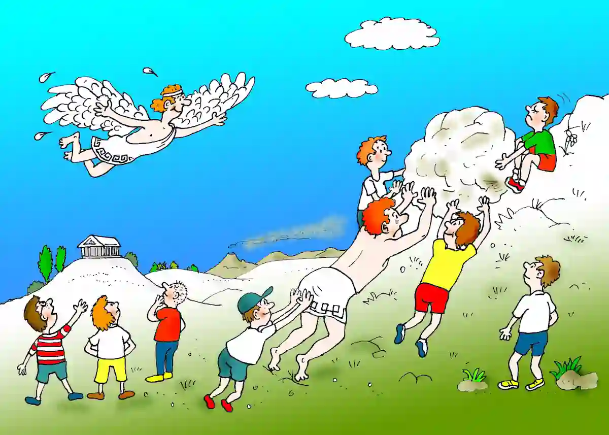 Skupinka dětí pomáhá obrovi tlačit kámen do kopce. V pozadí je řecký bílý chrám na kopci a na nebi proléta anděl.