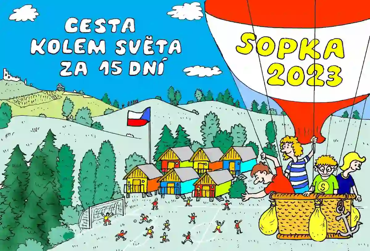 Nadpis Cesta kolem světa za 15 dní. Na ilustraci je horkovzdušný balón a děti v něm koukají na zem, kde je chatkový tábor. Na hřišti tam děti fotbal.