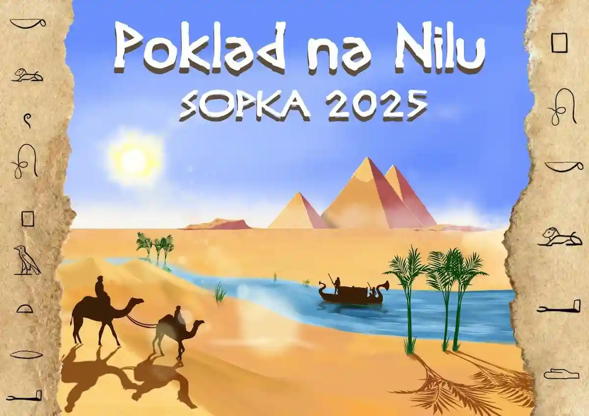 Nadpis Poklad na Nilu Sopka 2025. Ilustrace Nilu a pyramid v pozadí. Po řece pluje loďka, kolem jsou palmy a 2 velbloudi.