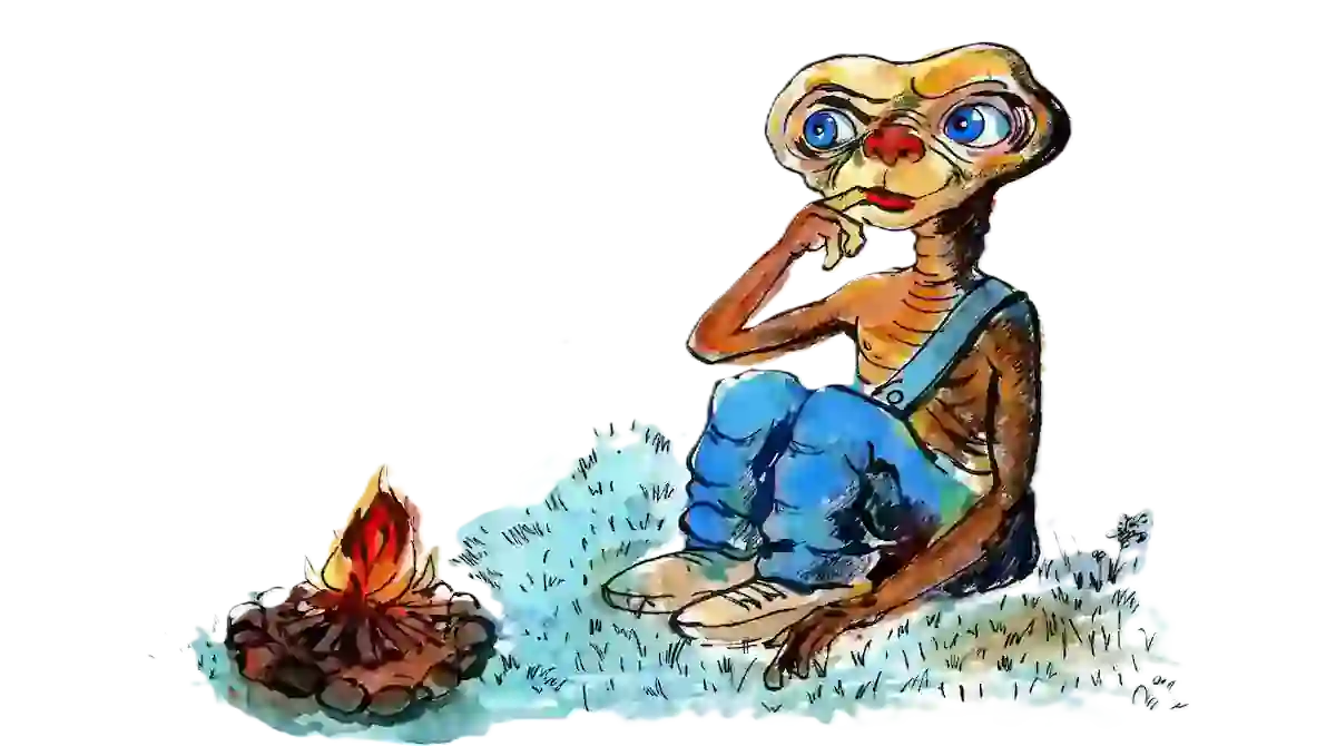 Ilustrace ETho. Sedí u ohně na trávě a kouká do neznáma.