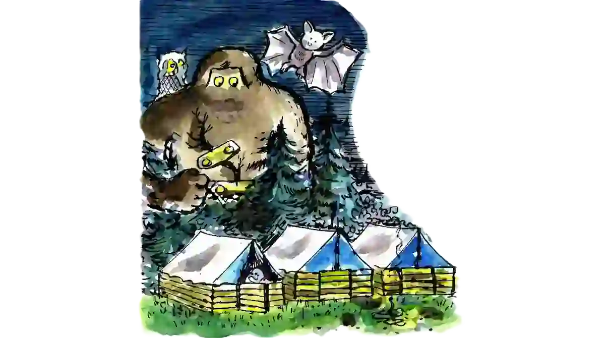 Ilustrace golema. Kouká ve tmě na stanový tábor z lesa. Nad ním přelétá netopír.