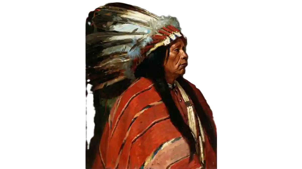 Ilustrace indiána s velkou čelenkou a v červeném ponču/dece.