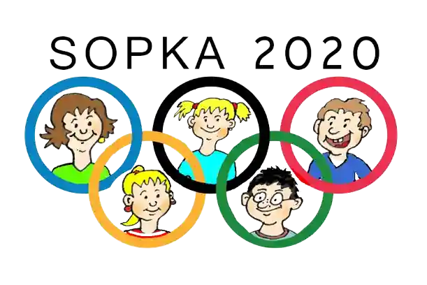 Nadpis Sopka 2020. Ilustrace olympijských kruhů a v každém z nich je hlava náhodného dítěte.
