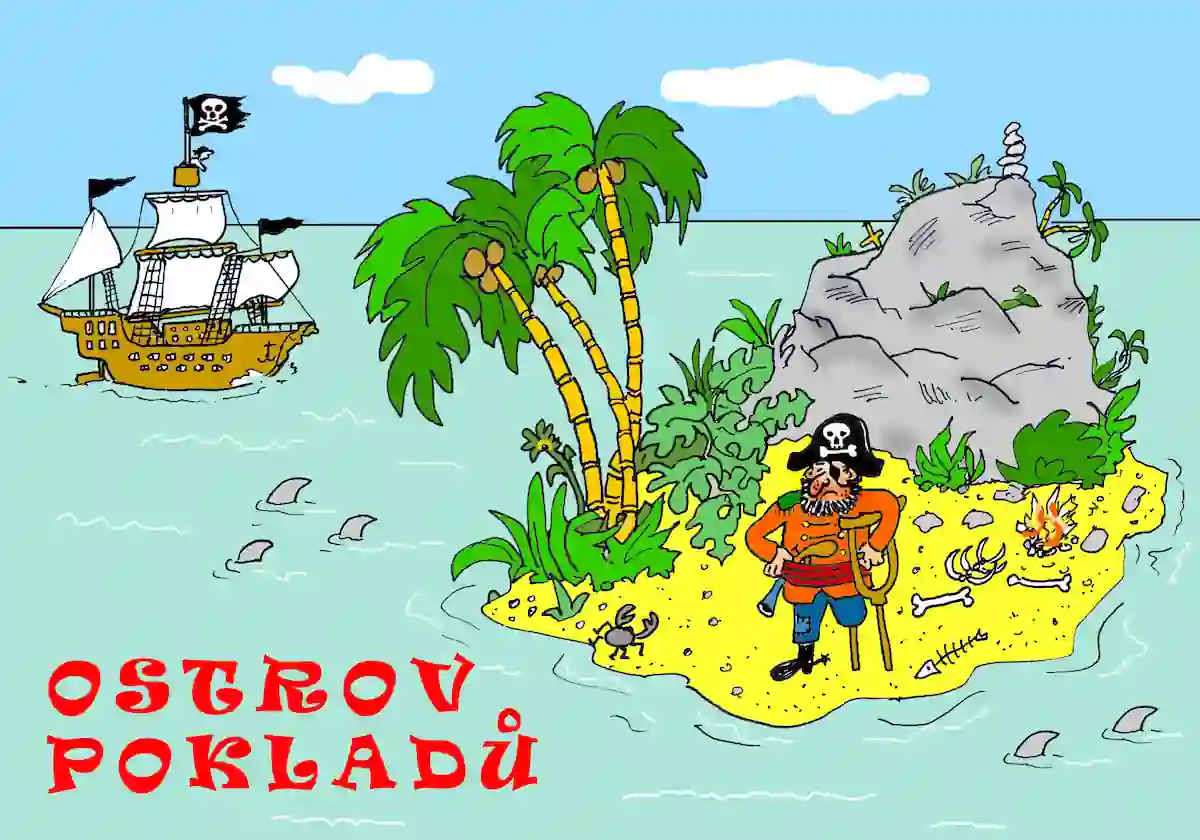 Nadpis Ostrov pokladů. Ilustrace malého ostrova, na kterém stojí kapitán pirátské lodi o berli. Na ostrove je velký balvan, 3 palmy a rozdělaný oheň. Kolem je široké moře na kterém se plaví pirátská loď.