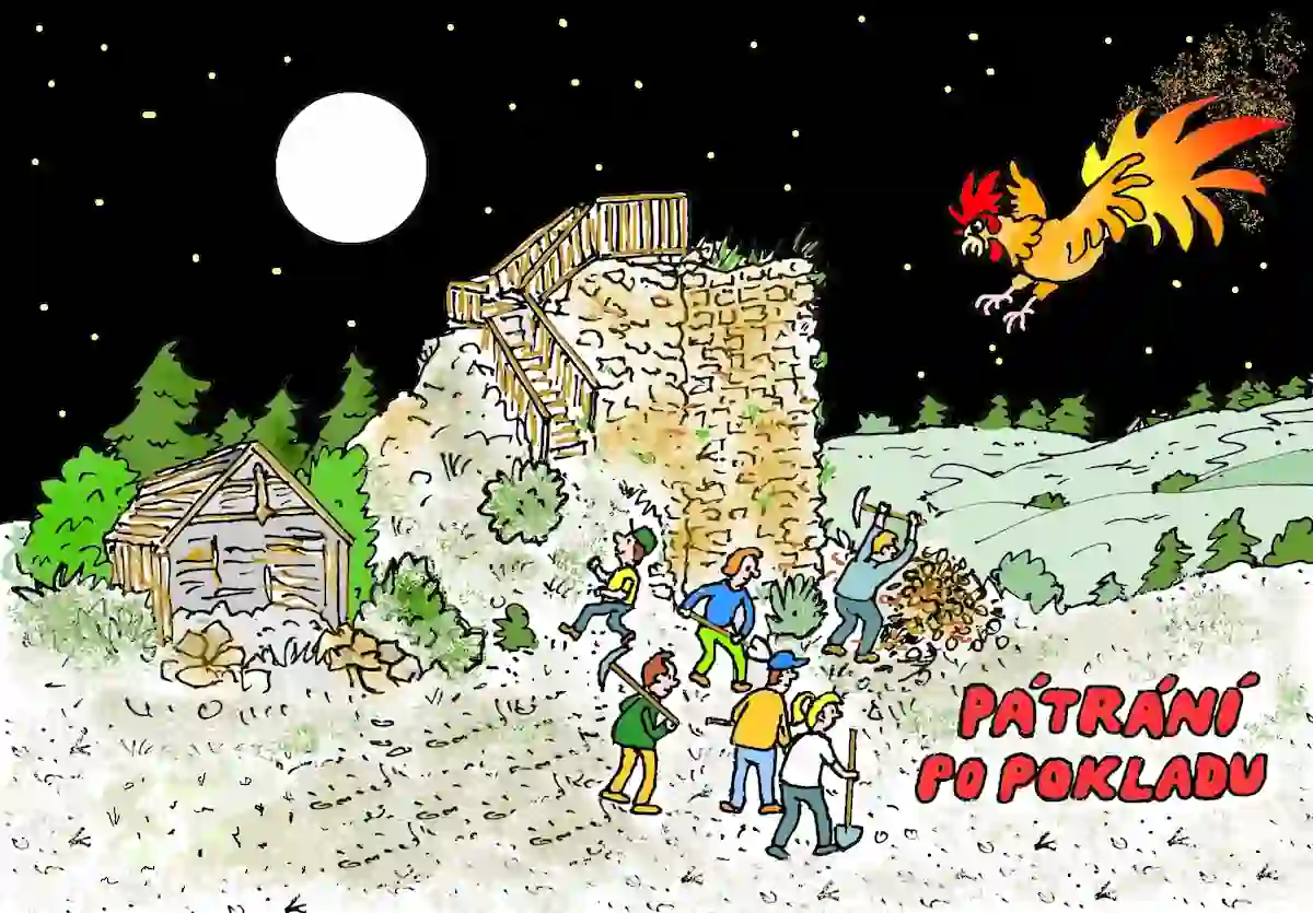 Nadpis Pátrání po pokladu. Ilustrace skupinky lidí, kteří vykopávají poklad u zříceniny hradu. Nad nimi přeléta ohnivě zlatý kohout.