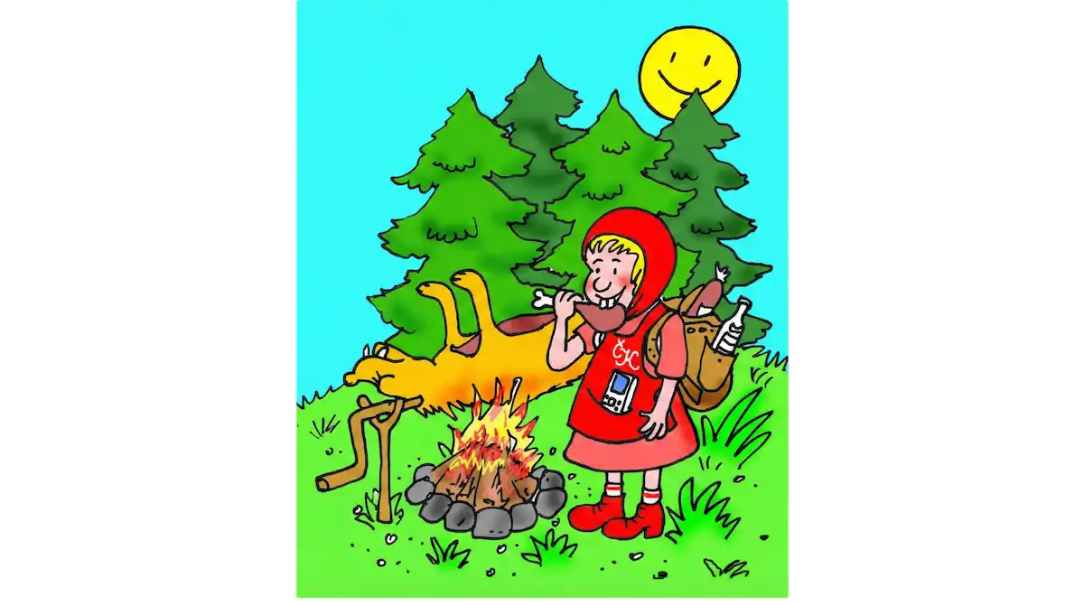 Ilustrace karkulky, jak jí maso na kosti a opeká u toho vlka na rožni. V pozadí jsou stromy a na nebi sluníčko.