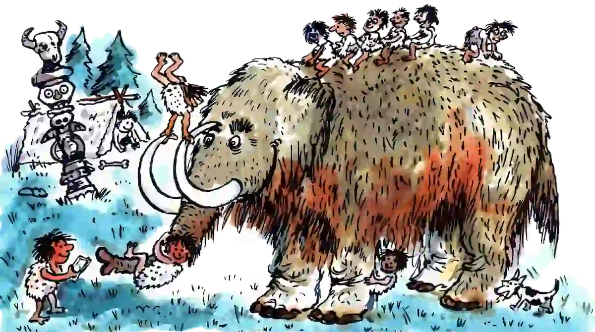 Ilustrace mamuta u tábořiště pravěkých lidí. Děti sedí na mamutovi a hrají si.