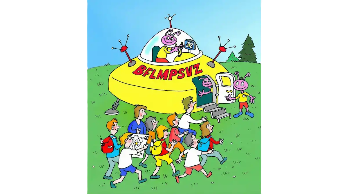 Ilustrace ufa s mimozemšťanem. Přistál na louce a děti k němu běží se vyptávat.