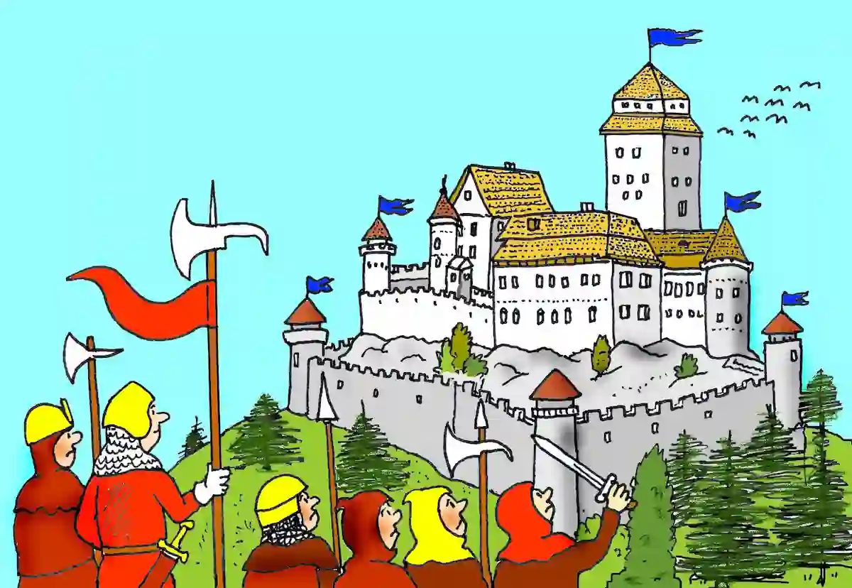 Ilustrace velkého hradu na kopci. V popředí ilustrace stojí vojáci v červeném úboru.