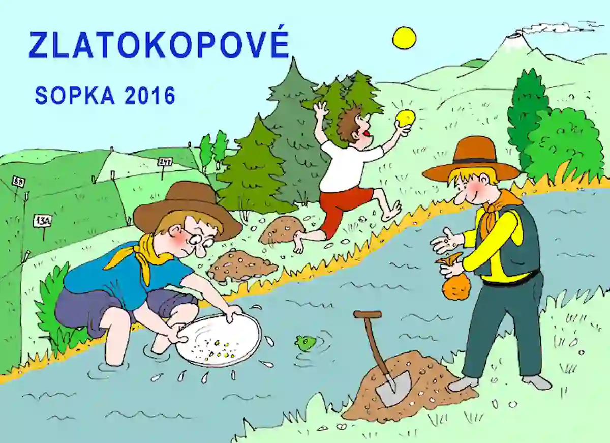 Nadpis Zlatokopové Sopka 2016. Ilustrace 3 lidí v klobouku u řeky v přírodě. Rýžují zlato z řeky a v pozadí jsou louky a stromy.